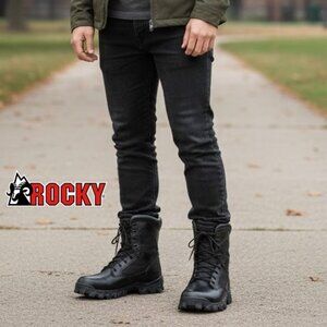 Rocky Men’s 8” Alpha Force Waterproof Black Leather Pull On Lace Up Boots